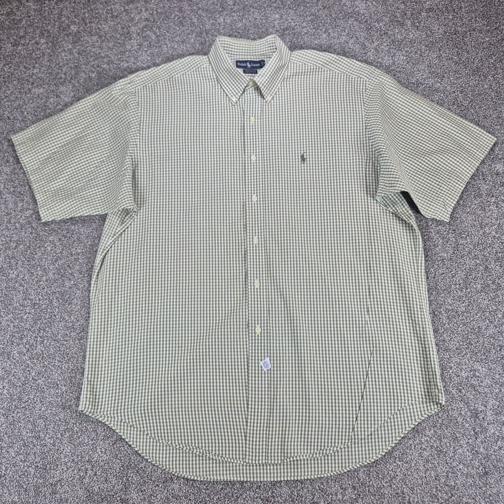 Ralph Lauren Short Sleeve Gingham Shirt Mens 17 Green Cotton Yarmouth Button - Picture 3 of 7
